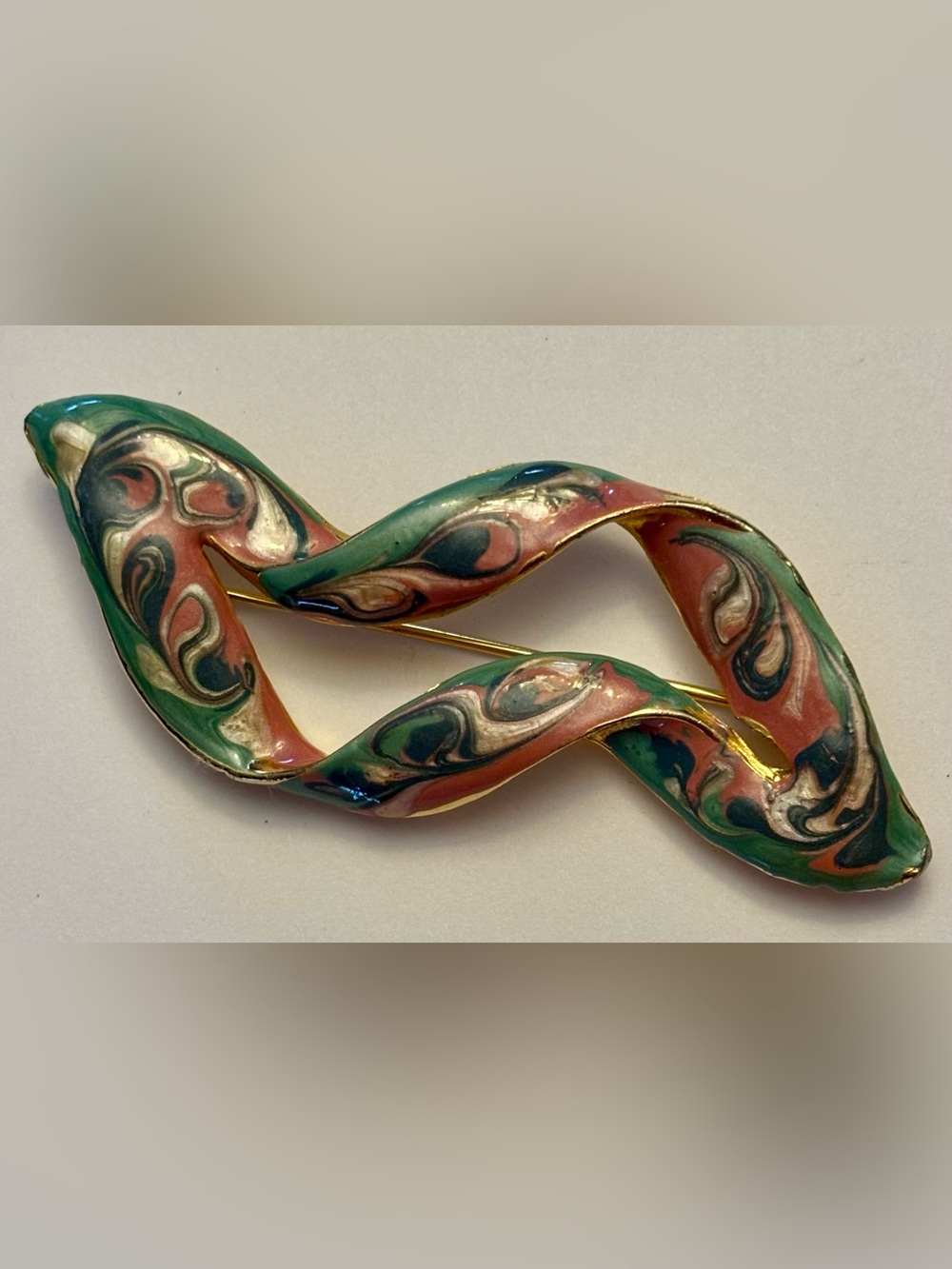 Vintage 80s Abstract Enamel Ribbon Brooch | Marbled Earth Tones